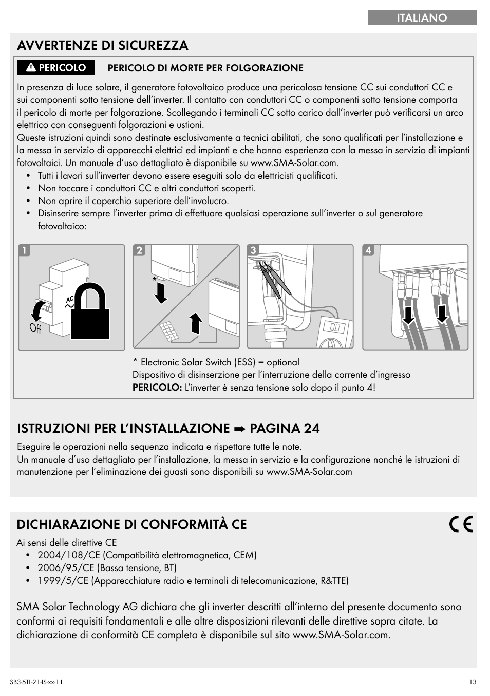 Avvertenze di sicurezza, Istruzioni per l’installazione ➡ pagina 24, Dichiarazione di conformità ce | SMA SB 3000TL Quick Installation Guide User Manual | Page 13 / 32