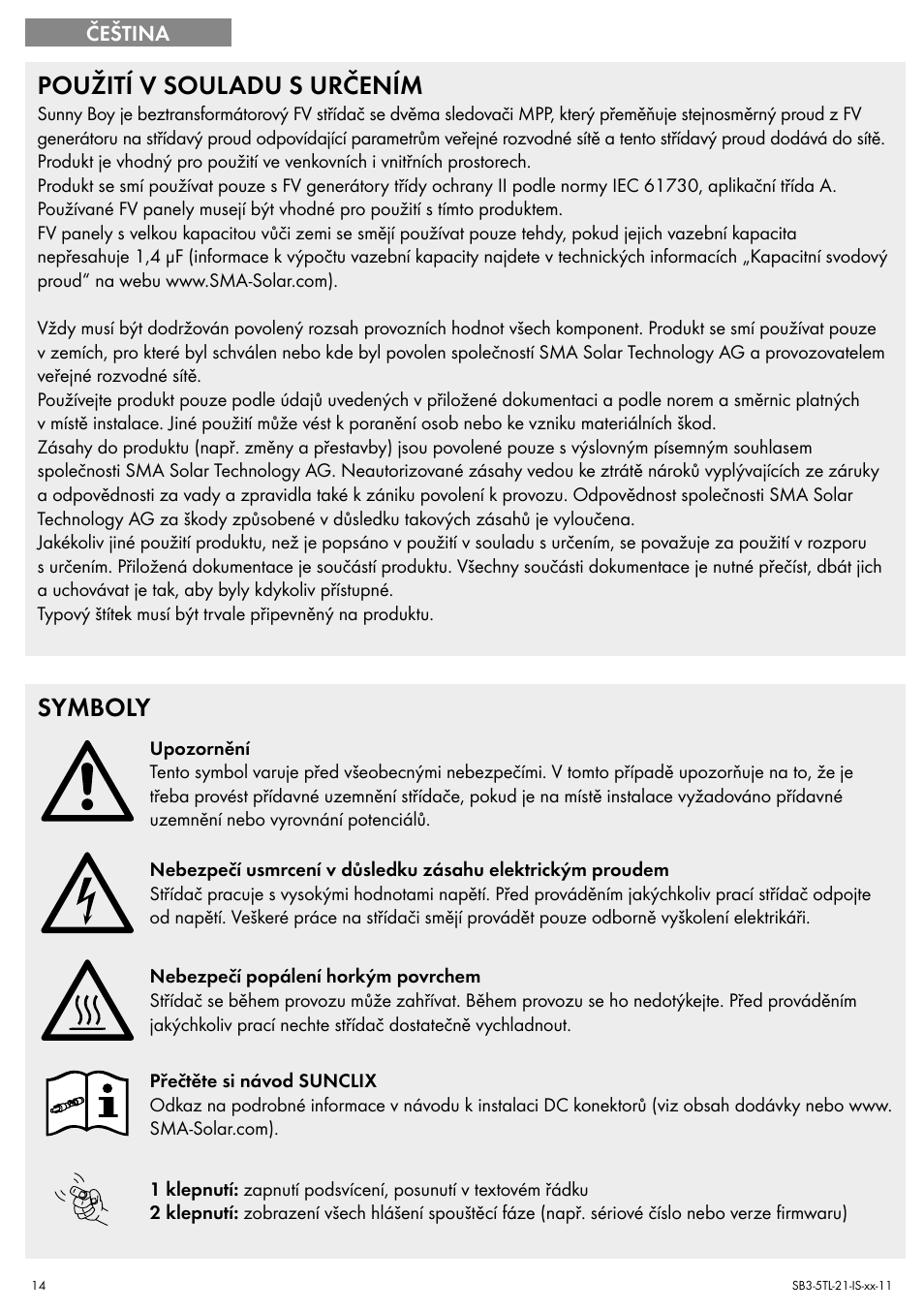 Použití v souladu s určením, Symboly | SMA SB 3000TL Quick Installation Guide User Manual | Page 14 / 32
