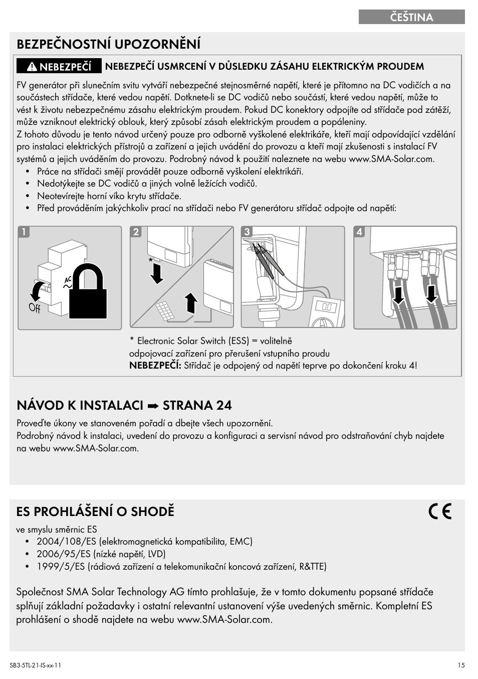 Bezpečnostní upozornění, Návod k instalaci ➡ strana 24, Es prohlášení o shodě | SMA SB 3000TL Quick Installation Guide User Manual | Page 15 / 32