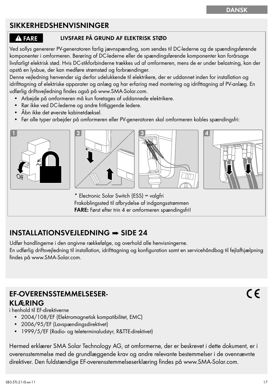 Sikkerhedshenvisninger, Installationsvejledning ➡ side 24, Ef-overensstemmelseser- klæring | SMA SB 3000TL Quick Installation Guide User Manual | Page 17 / 32