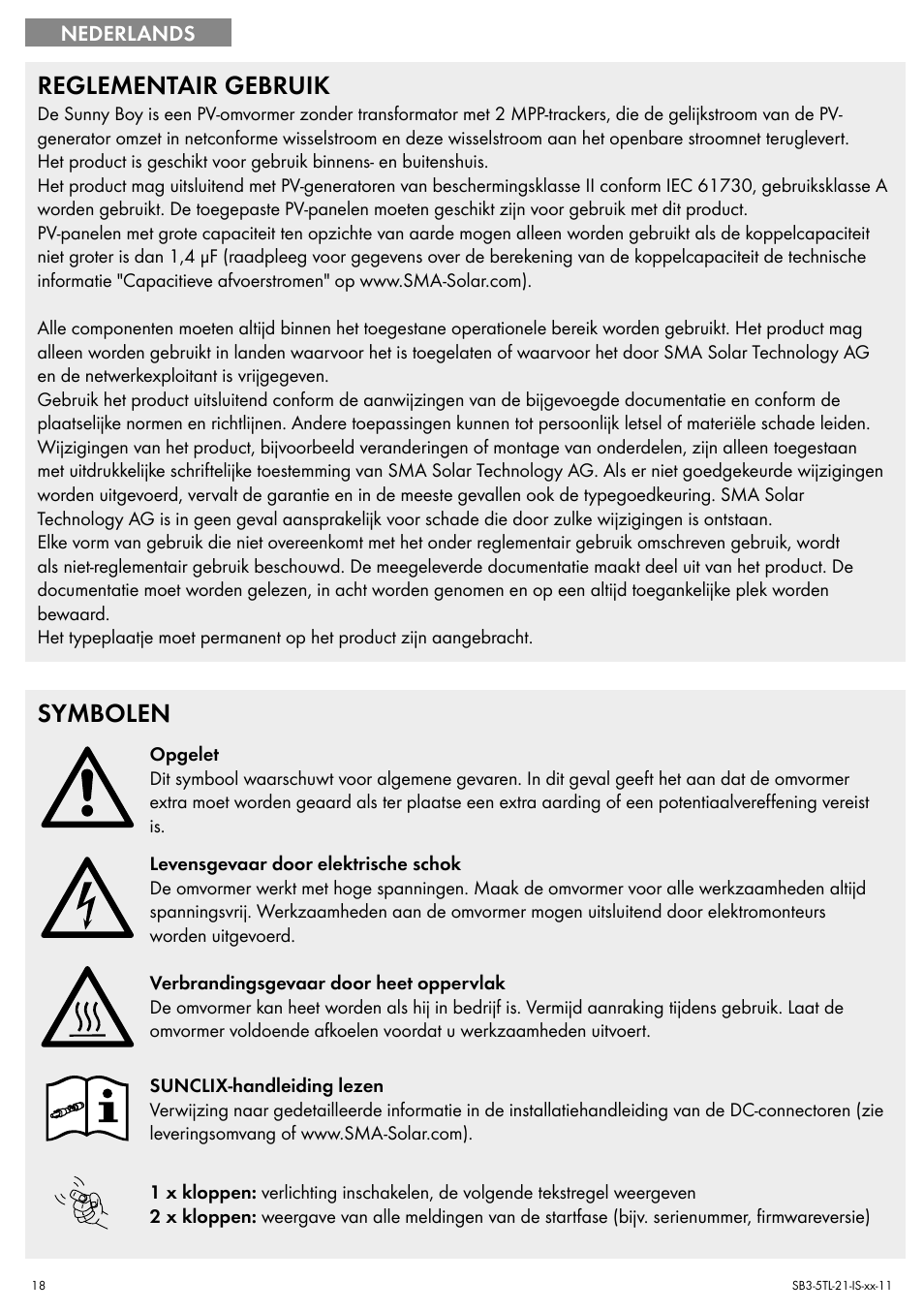 Reglementair gebruik, Symbolen | SMA SB 3000TL Quick Installation Guide User Manual | Page 18 / 32