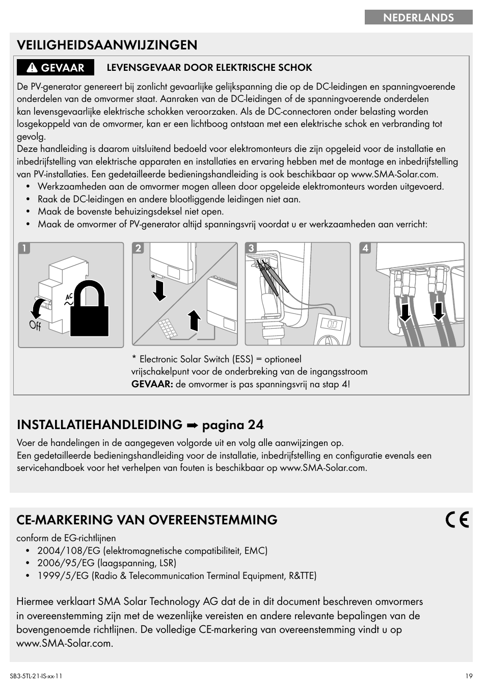 Veiligheidsaanwijzingen, Installatiehandleiding ➡ pagina 24, Ce-markering van overeenstemming | SMA SB 3000TL Quick Installation Guide User Manual | Page 19 / 32
