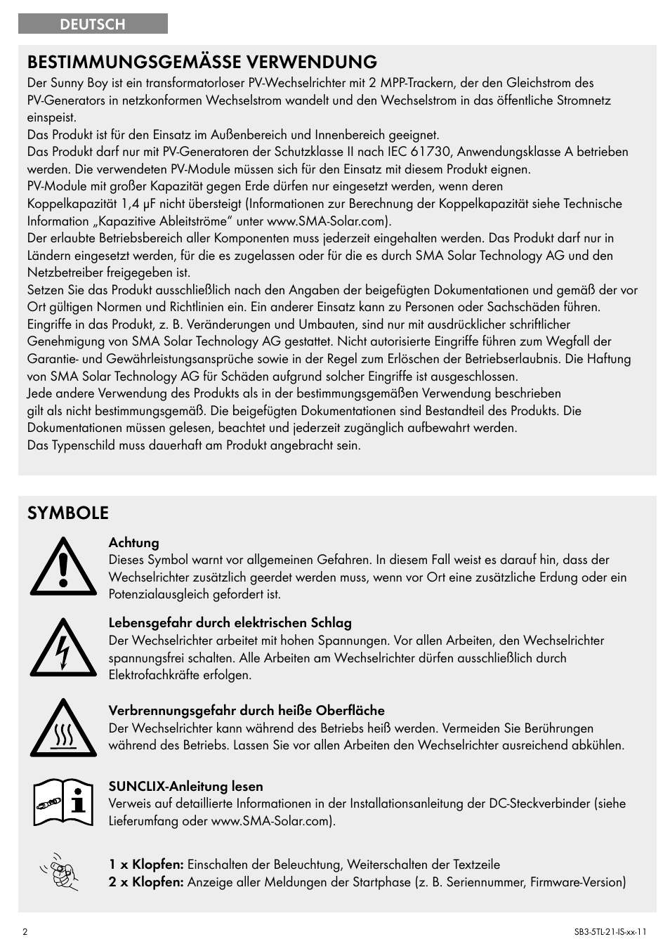 Bestimmungsgemässe verwendung, Symbole | SMA SB 3000TL Quick Installation Guide User Manual | Page 2 / 32
