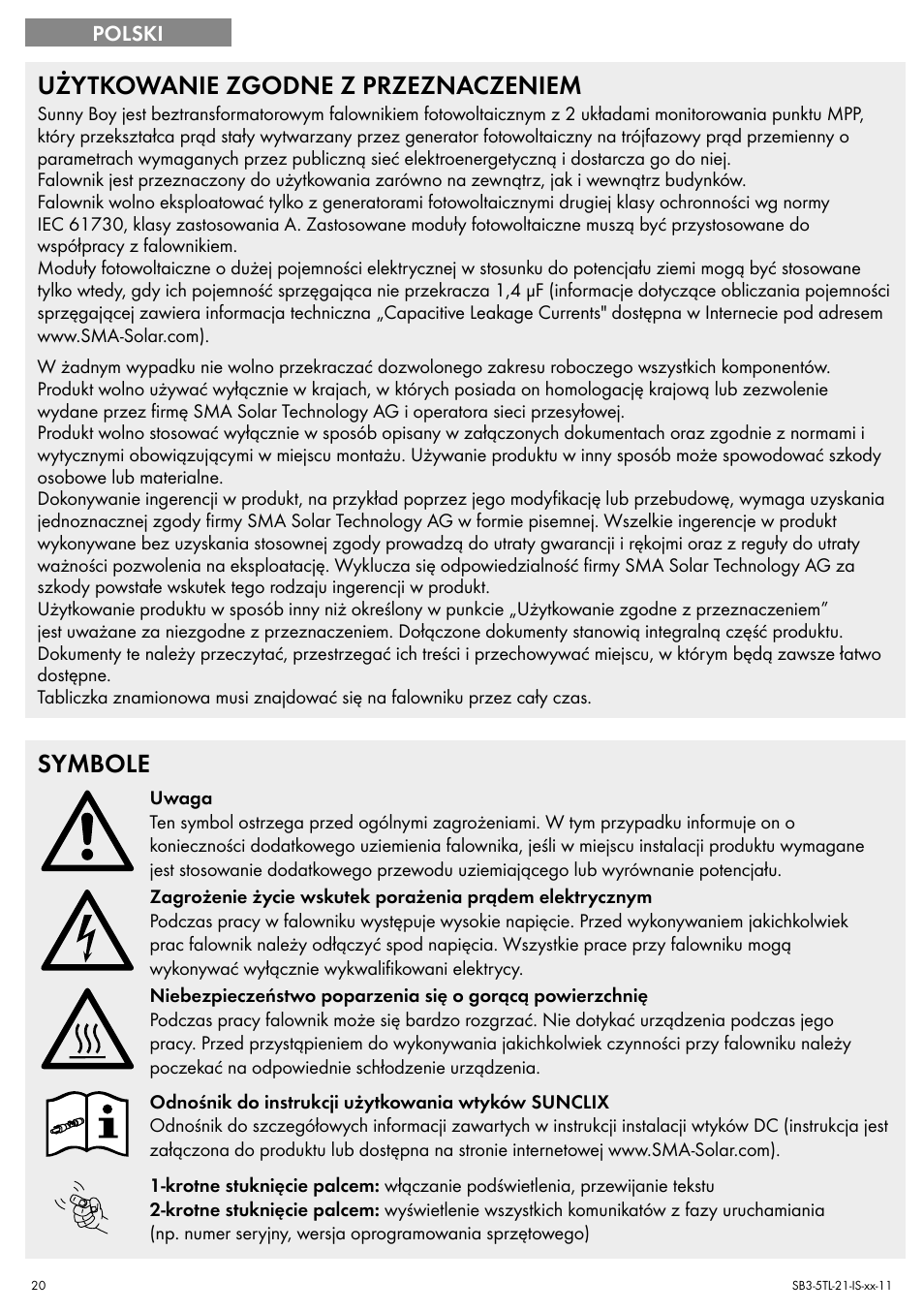 Użytkowanie zgodne z przeznaczeniem, Symbole | SMA SB 3000TL Quick Installation Guide User Manual | Page 20 / 32