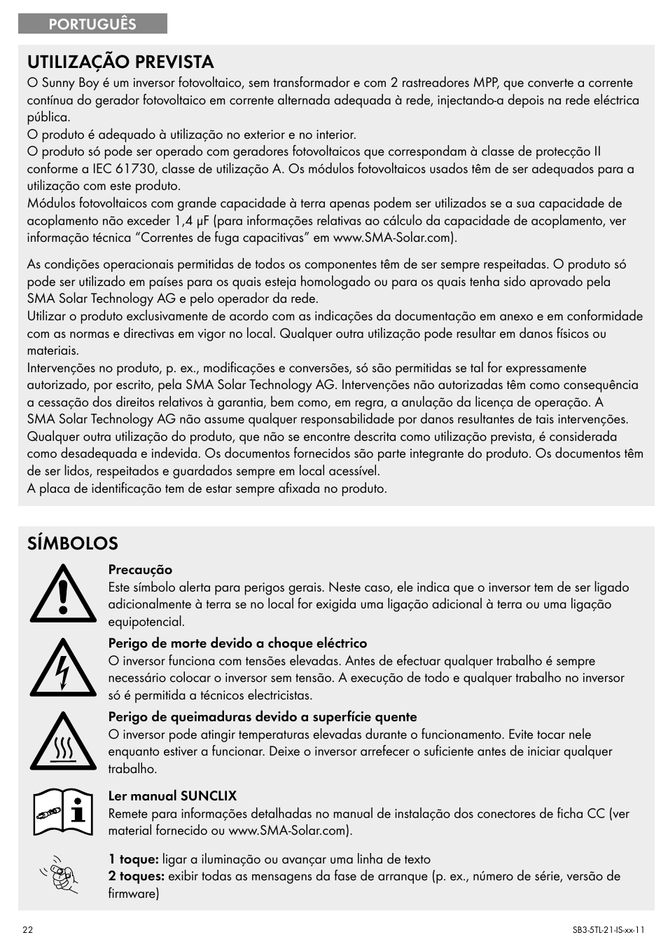 Utilização prevista, Símbolos | SMA SB 3000TL Quick Installation Guide User Manual | Page 22 / 32