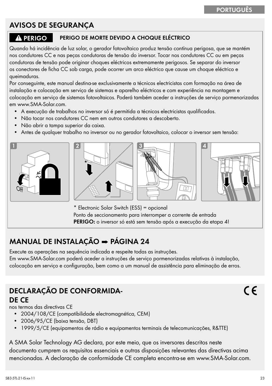 Avisos de segurança, Manual de instalação ➡ página 24, Declaração de conformida- de ce | SMA SB 3000TL Quick Installation Guide User Manual | Page 23 / 32