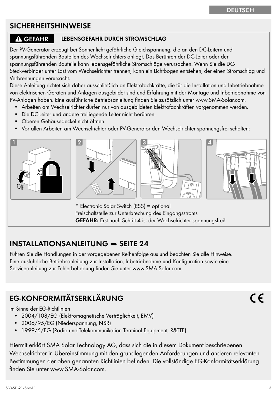 Sicherheitshinweise, Installationsanleitung ➡ seite 24, Eg-konformitätserklärung | SMA SB 3000TL Quick Installation Guide User Manual | Page 3 / 32