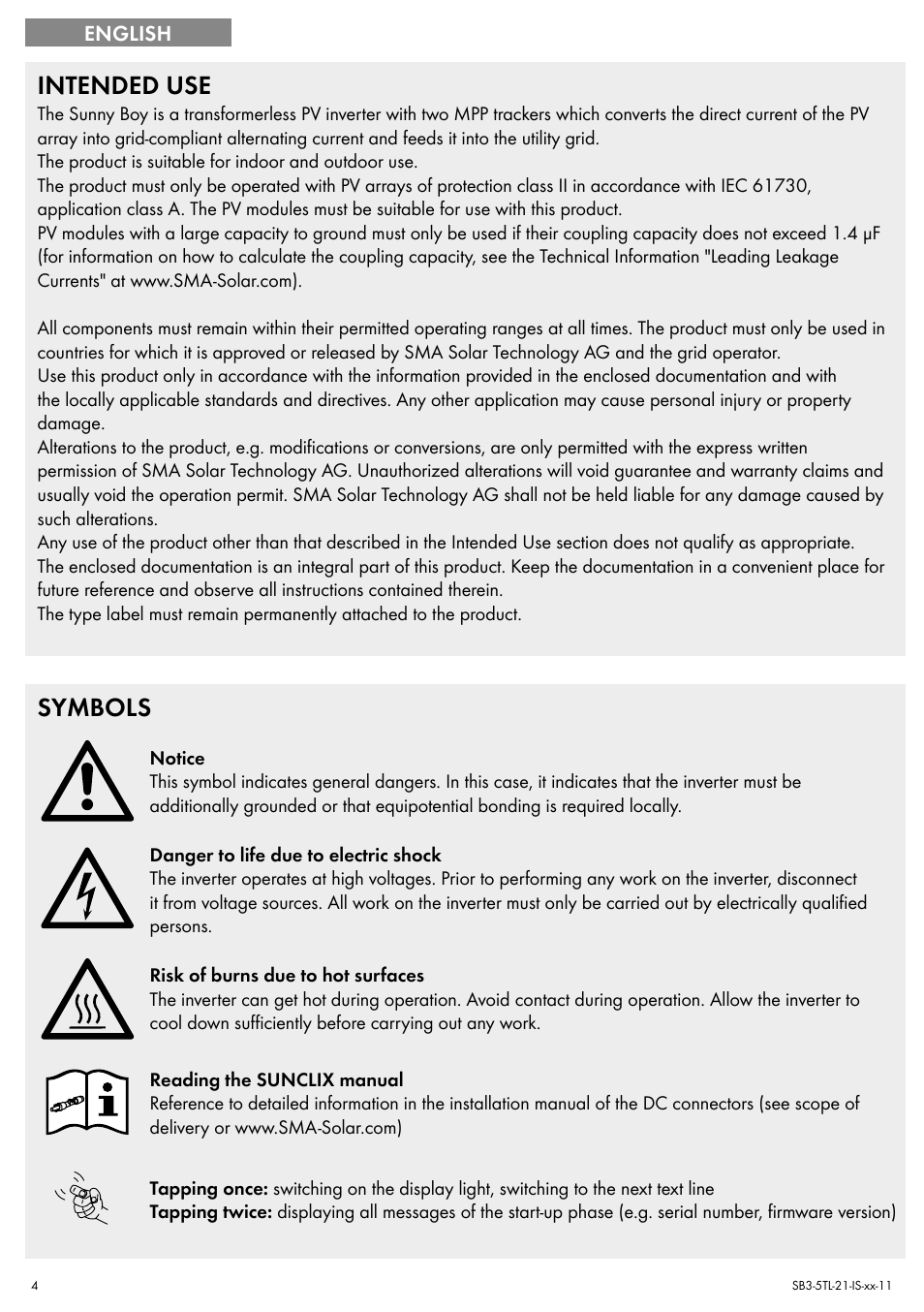 Intended use, Symbols | SMA SB 3000TL Quick Installation Guide User Manual | Page 4 / 32