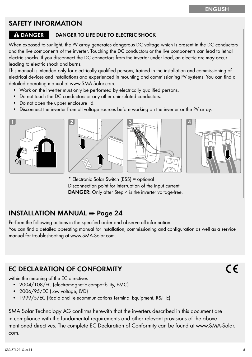 Safety information, Installation manual ➡ page 24, Ec declaration of conformity | SMA SB 3000TL Quick Installation Guide User Manual | Page 5 / 32