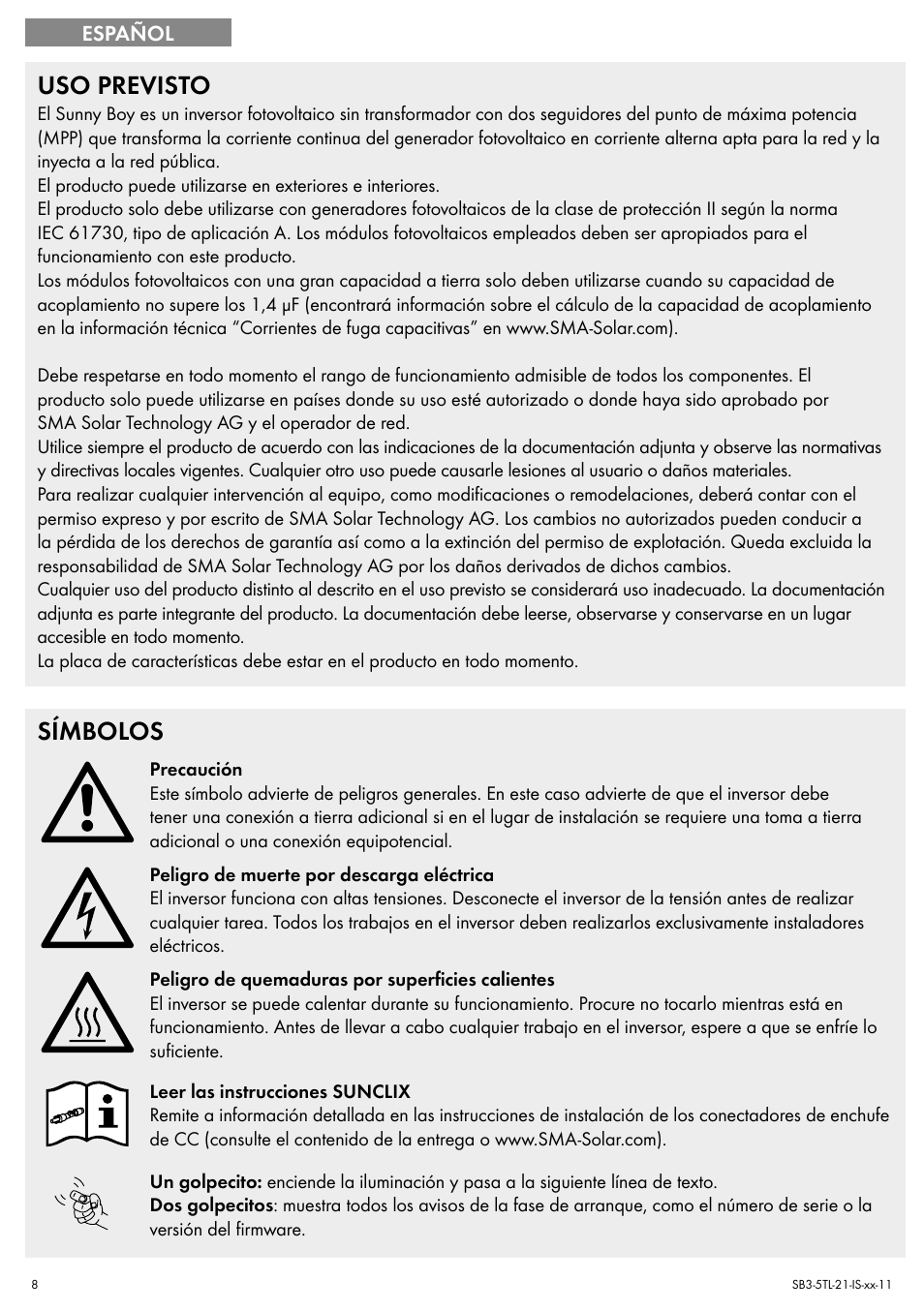 Uso previsto, Símbolos | SMA SB 3000TL Quick Installation Guide User Manual | Page 8 / 32