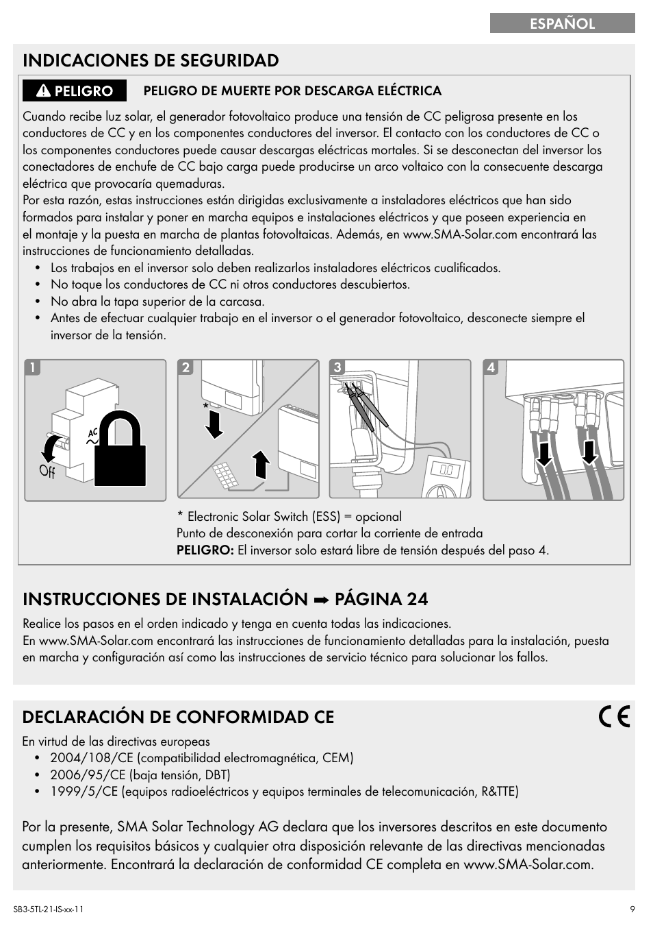 Indicaciones de seguridad, Instrucciones de instalación ➡ página 24, Declaración de conformidad ce | SMA SB 3000TL Quick Installation Guide User Manual | Page 9 / 32