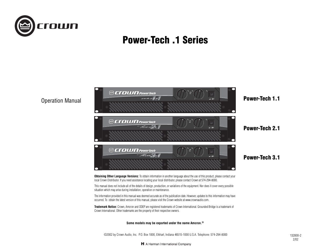 Crown Audio Power-Tech 1.1 User Manual | 24 pages