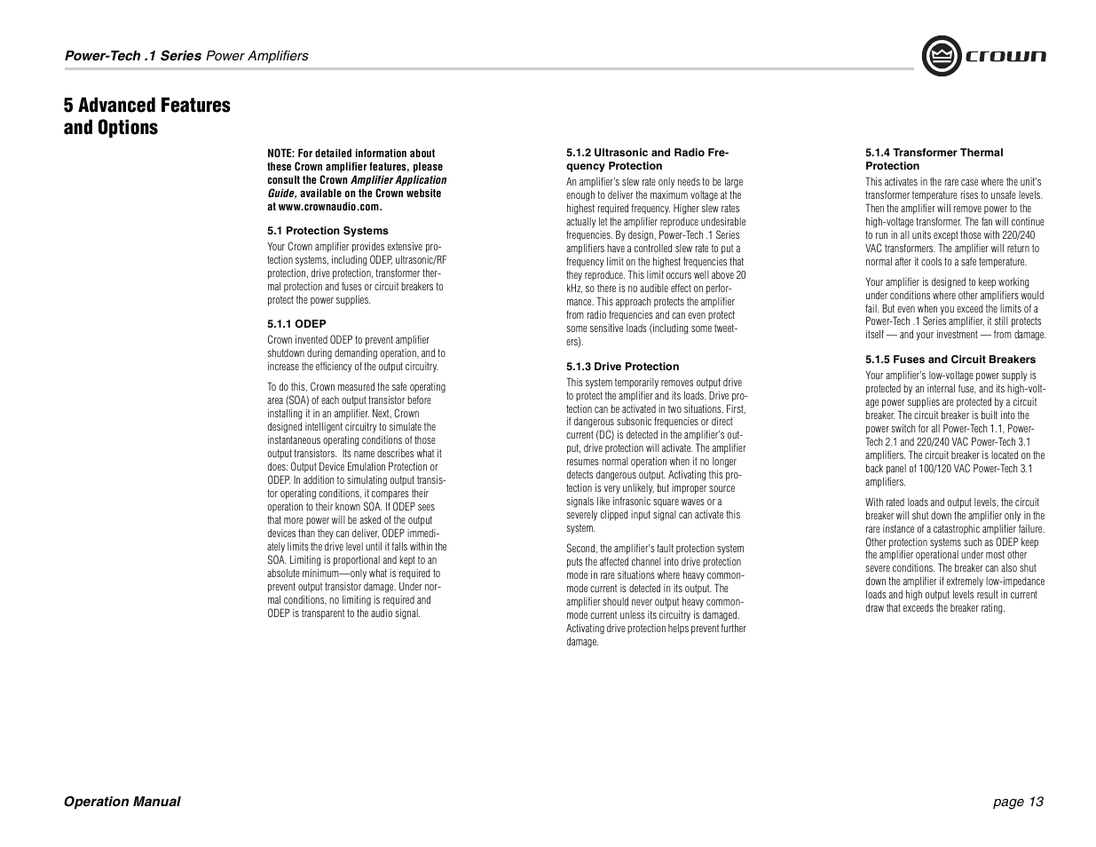 5 advanced features and options | Crown Audio Power-Tech 1.1 User Manual | Page 13 / 24