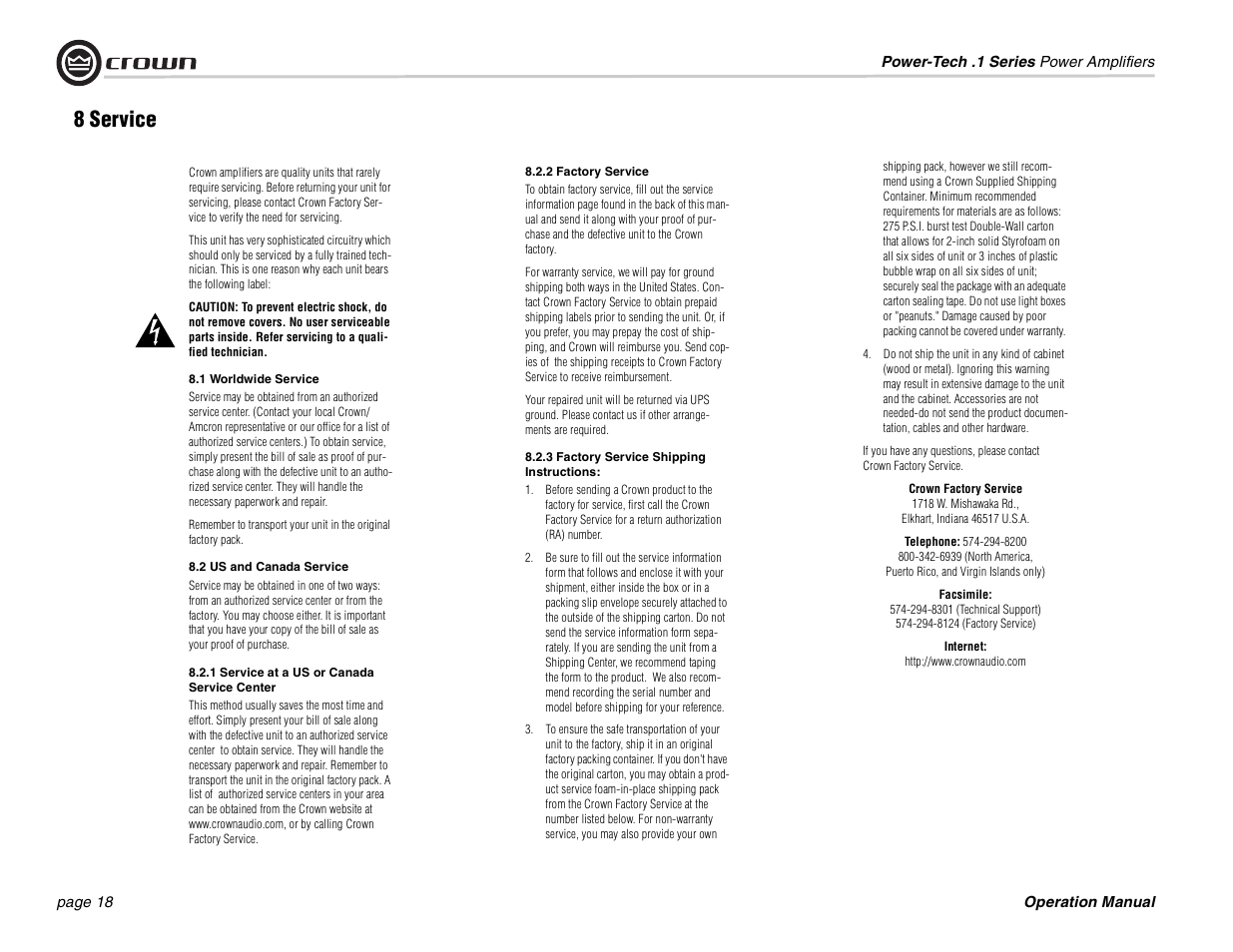 8 service | Crown Audio Power-Tech 1.1 User Manual | Page 18 / 24