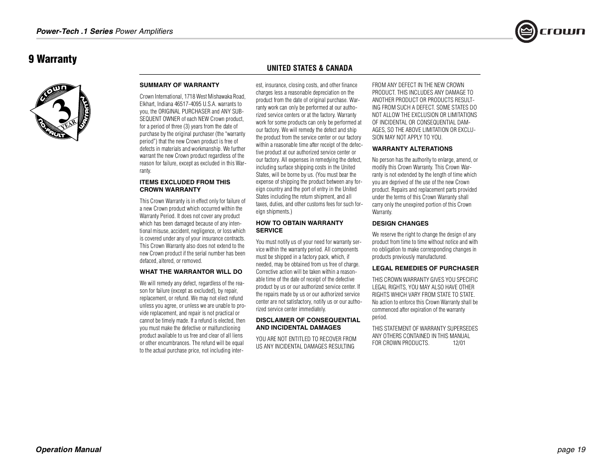 9 warranty | Crown Audio Power-Tech 1.1 User Manual | Page 19 / 24