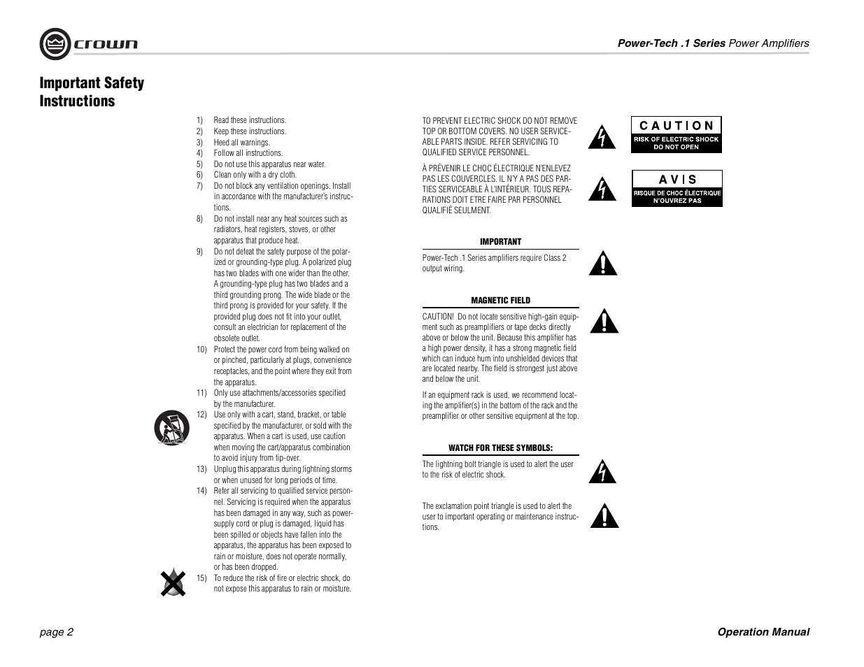 Important safety instructions | Crown Audio Power-Tech 1.1 User Manual | Page 2 / 24