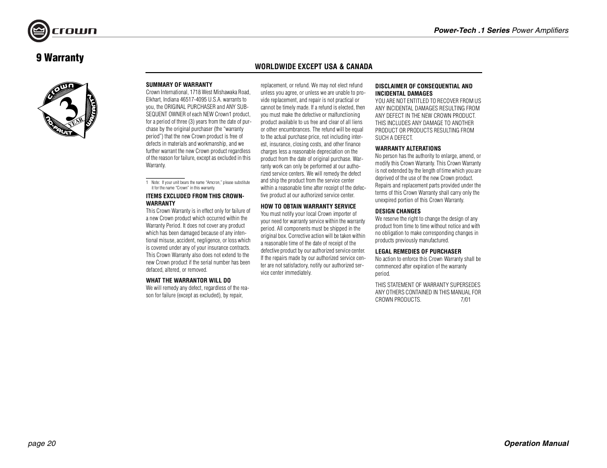 9 warranty | Crown Audio Power-Tech 1.1 User Manual | Page 20 / 24