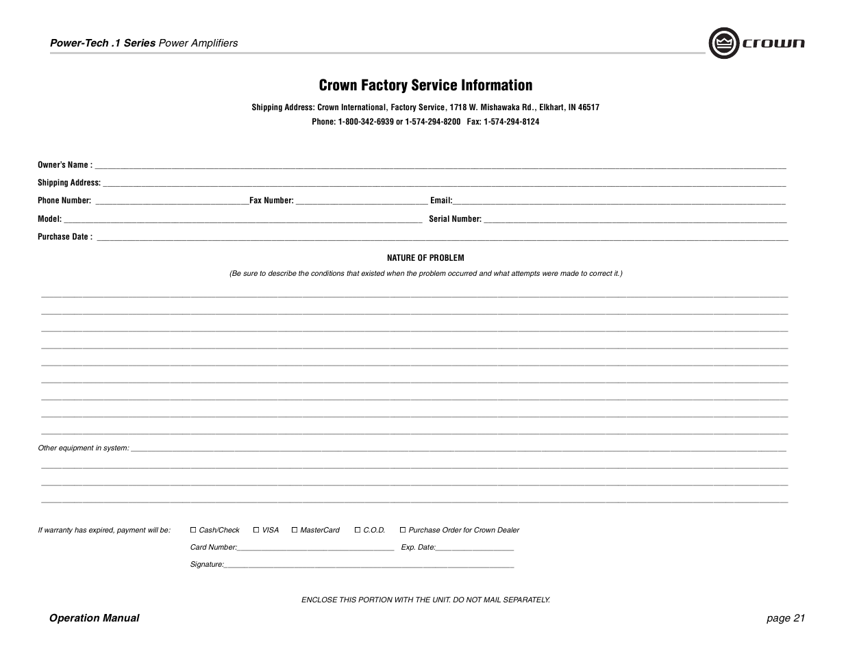 Crown factory service information | Crown Audio Power-Tech 1.1 User Manual | Page 21 / 24