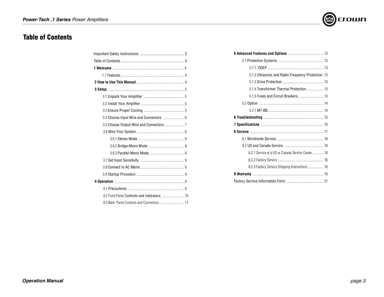 Crown Audio Power-Tech 1.1 User Manual | Page 3 / 24