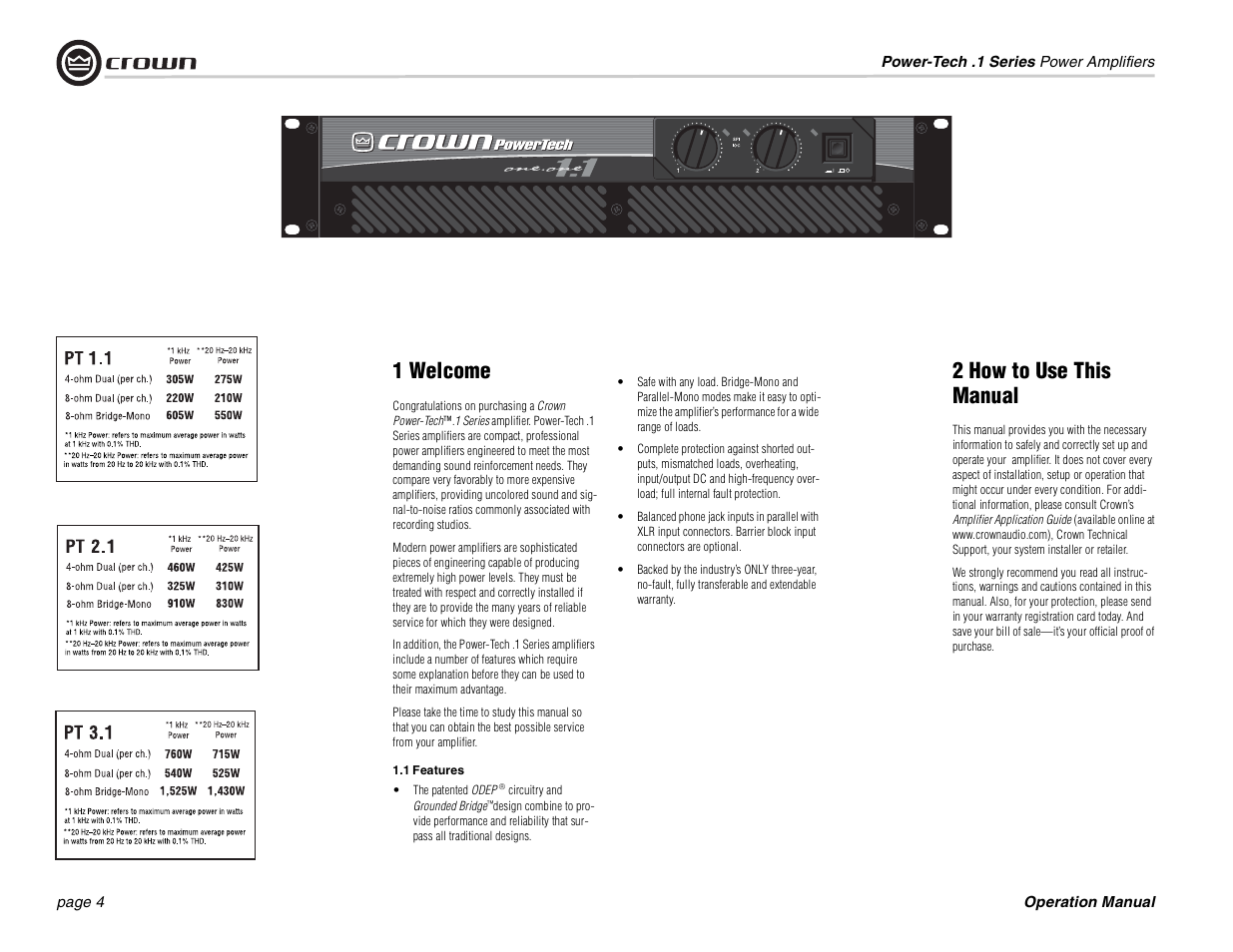 1 welcome, 2 how to use this manual | Crown Audio Power-Tech 1.1 User Manual | Page 4 / 24