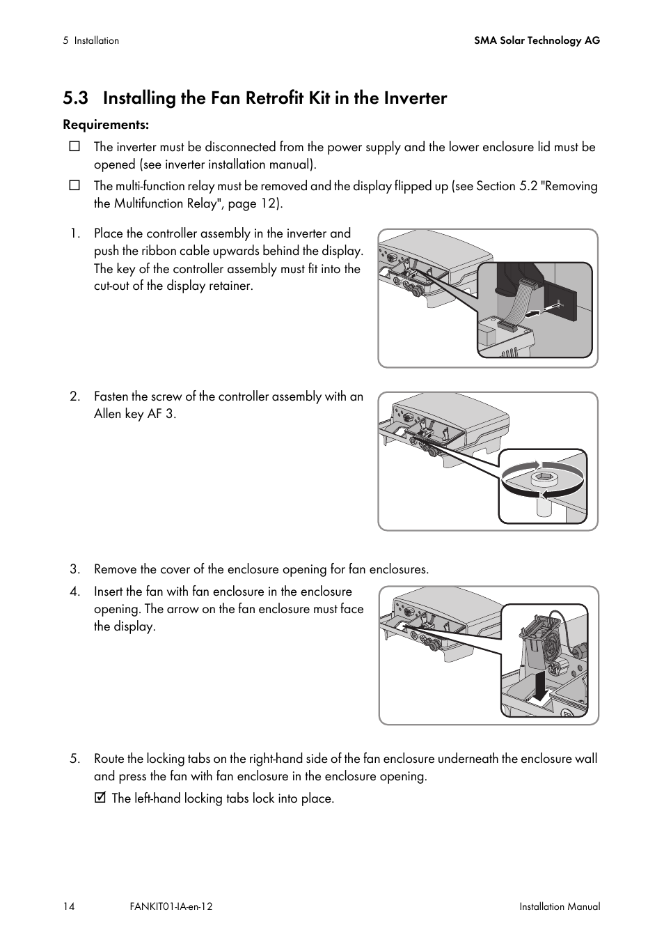 3 installing the fan retrofit kit in the inverter | SMA FANKIT01-10 User Manual | Page 14 / 24