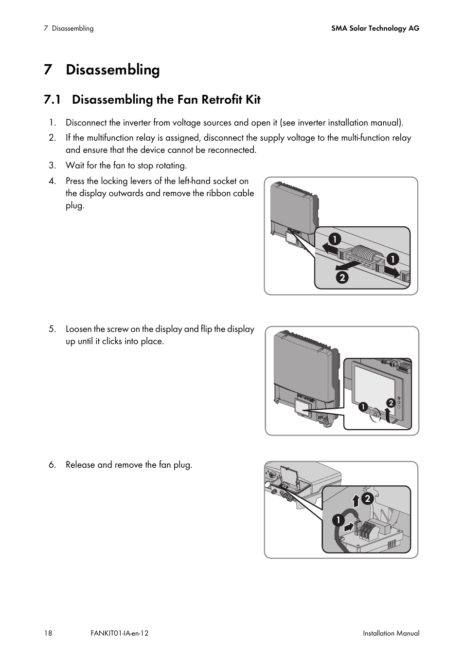 7 disassembling, 1 disassembling the fan retrofit kit | SMA FANKIT01-10 User Manual | Page 18 / 24