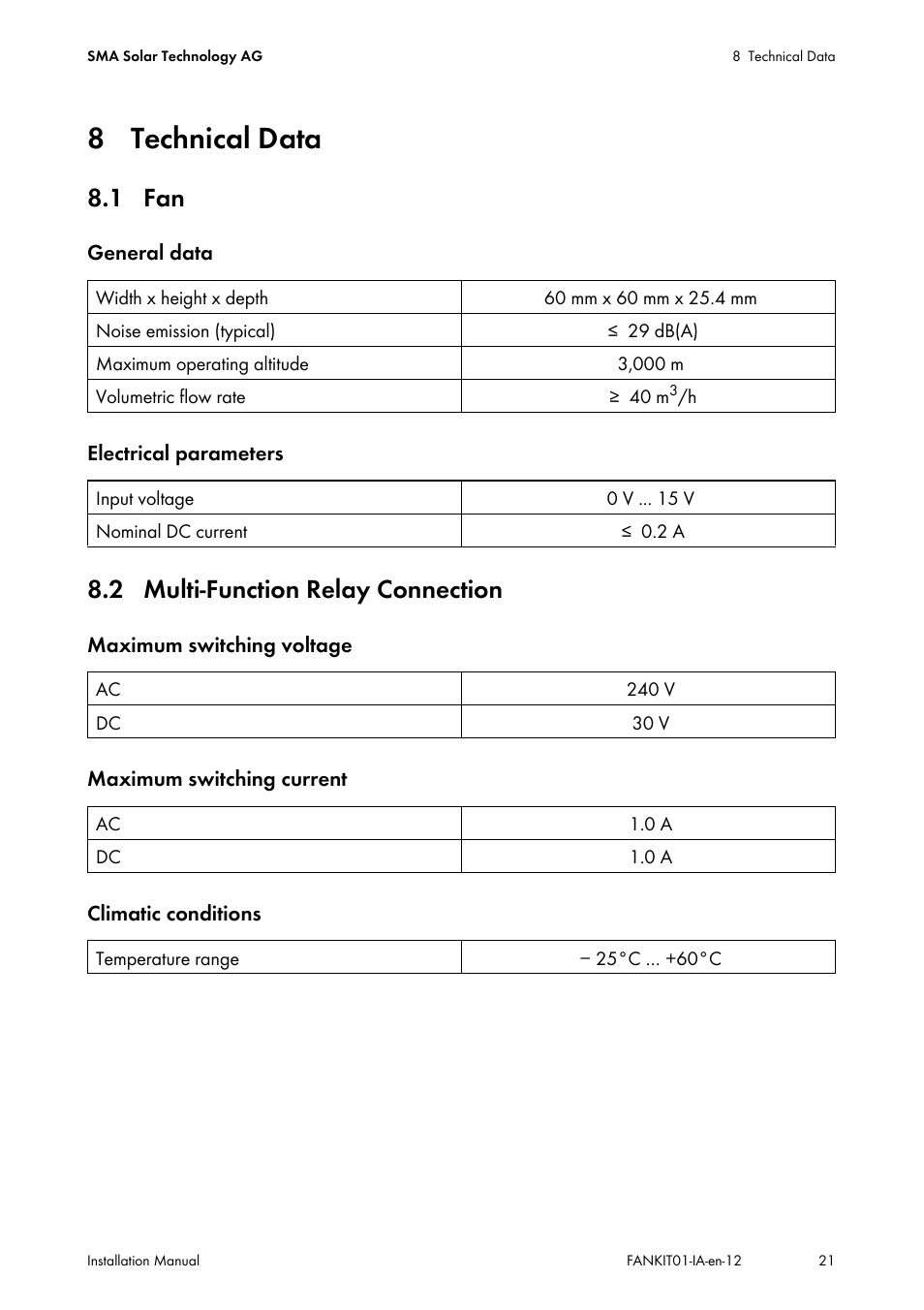 8 technical data, 1 fan, 2 multi-function relay connection | 1 fan 8.2 multi-function relay connection | SMA FANKIT01-10 User Manual | Page 21 / 24