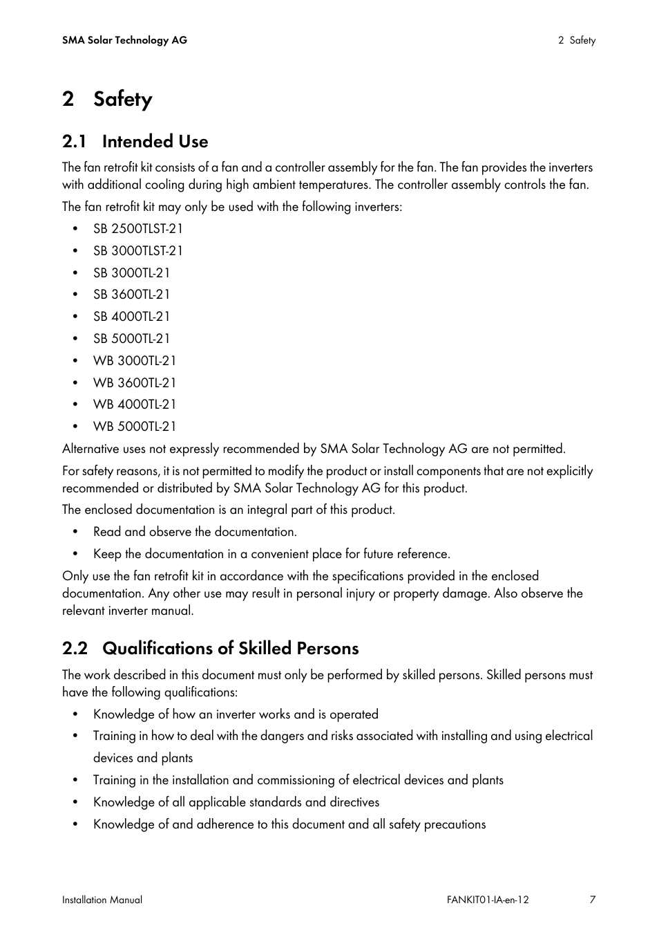 2 safety, 1 intended use, 2 qualifications of skilled persons | SMA FANKIT01-10 User Manual | Page 7 / 24