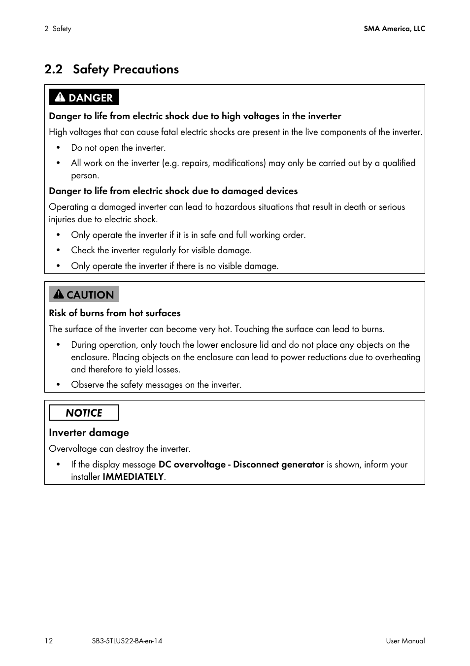 2 safety precautions | SMA SB 3000TL-US User Manual | Page 12 / 28