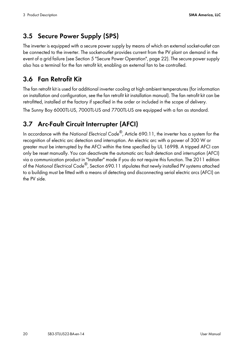 5 secure power supply (sps), 6 fan retrofit kit, 7 arc-fault circuit interrupter (afci) | SMA SB 3000TL-US User Manual | Page 20 / 28