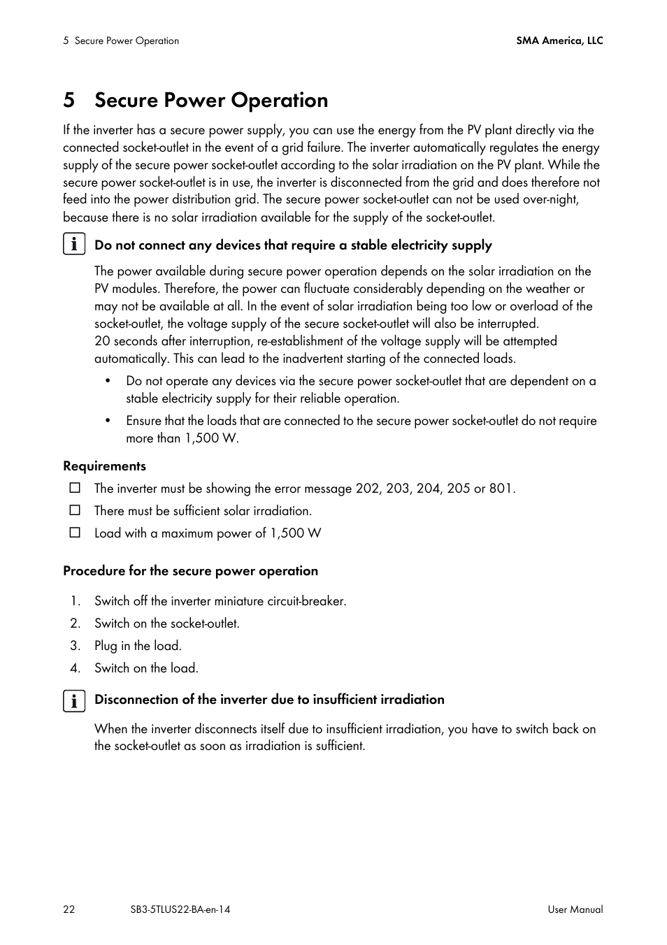 5 secure power operation | SMA SB 3000TL-US User Manual | Page 22 / 28