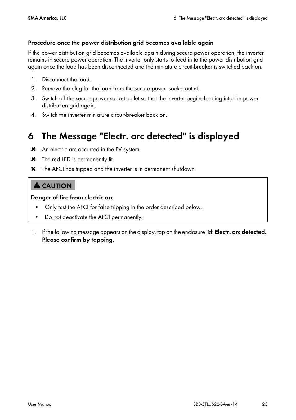 6 the message "electr. arc detected" is displayed | SMA SB 3000TL-US User Manual | Page 23 / 28