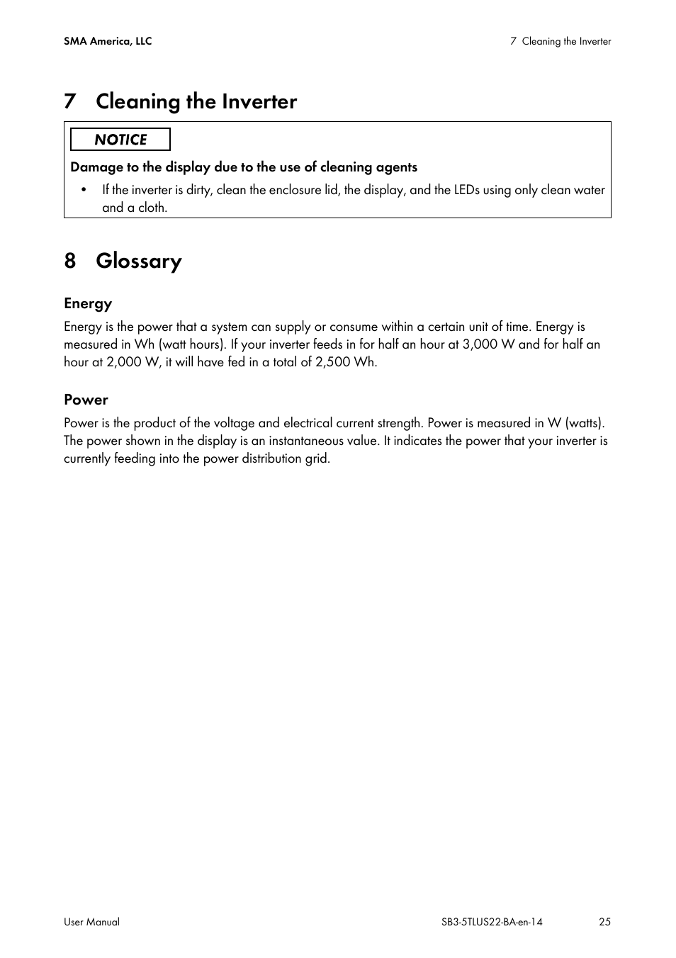 7 cleaning the inverter, 8 glossary, 7 cleaning the inverter 8 glossary | SMA SB 3000TL-US User Manual | Page 25 / 28