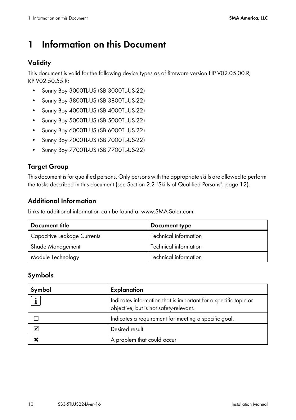 1 information on this document | SMA SB 3000TL-US Installation User Manual | Page 10 / 96