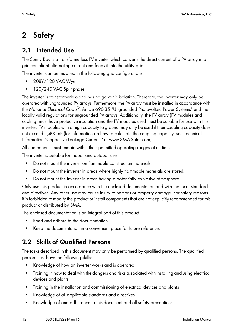 2 safety, 1 intended use, 2 skills of qualified persons | 1 intended use 2.2 skills of qualified persons | SMA SB 3000TL-US Installation User Manual | Page 12 / 96