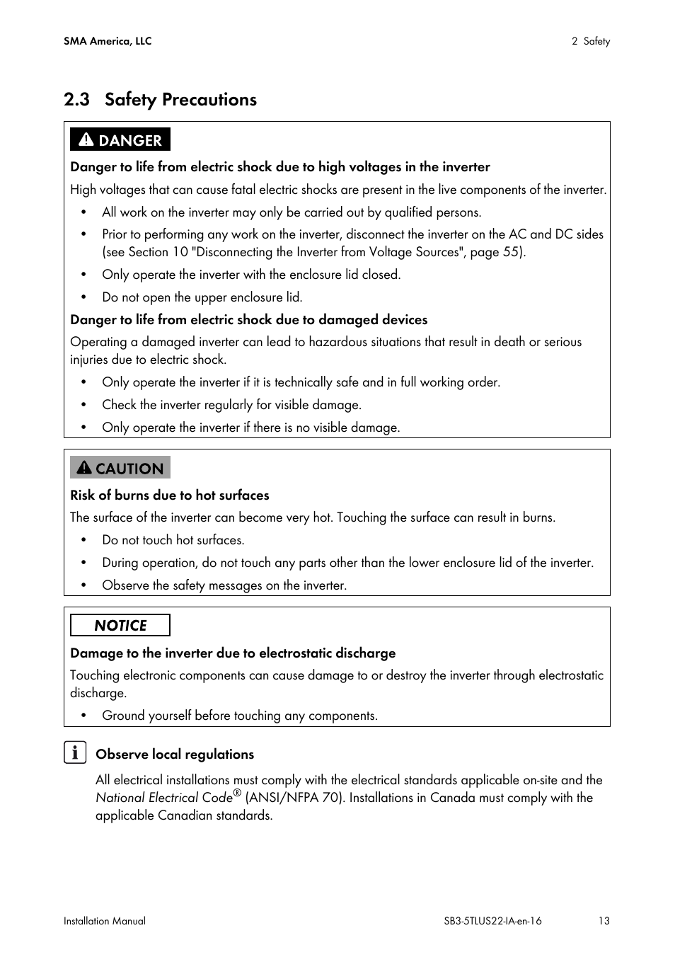 3 safety precautions | SMA SB 3000TL-US Installation User Manual | Page 13 / 96