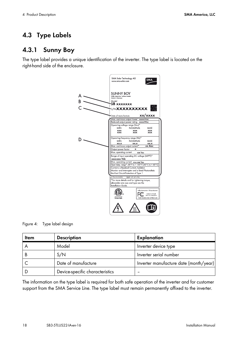 3 type labels, 1 sunny boy, 3 type labels 4.3.1 sunny boy | SMA SB 3000TL-US Installation User Manual | Page 18 / 96