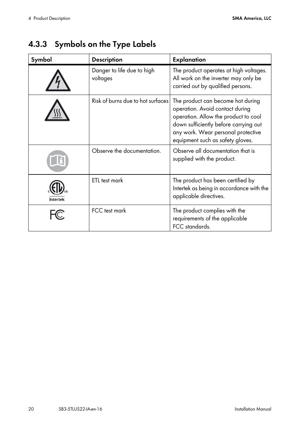 3 symbols on the type labels | SMA SB 3000TL-US Installation User Manual | Page 20 / 96