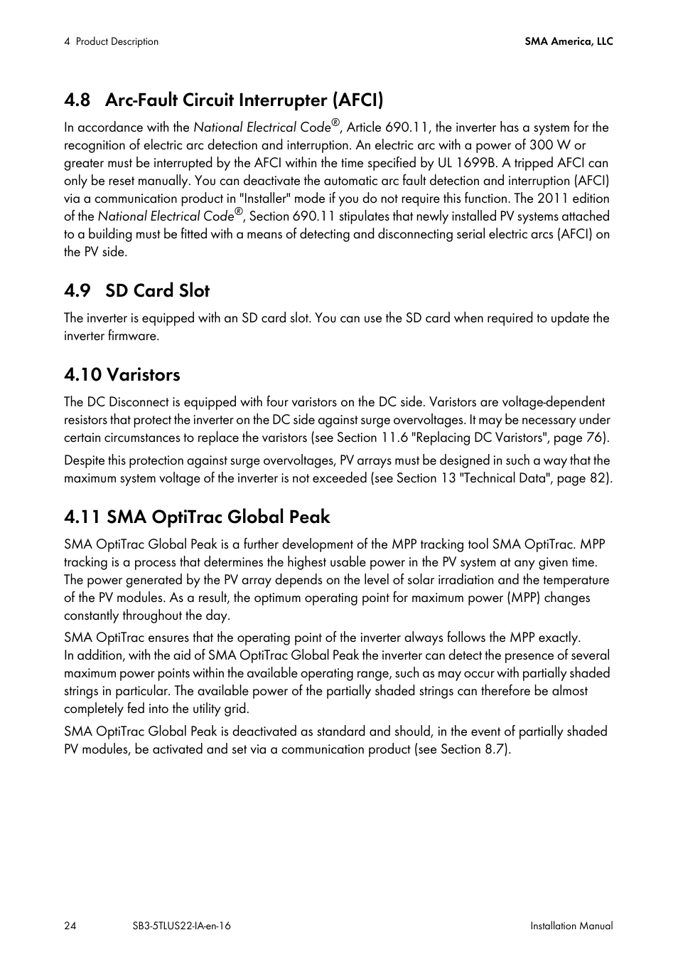 8 arc-fault circuit interrupter (afci), 9 sd card slot, 10 varistors | 11 sma optitrac global peak | SMA SB 3000TL-US Installation User Manual | Page 24 / 96