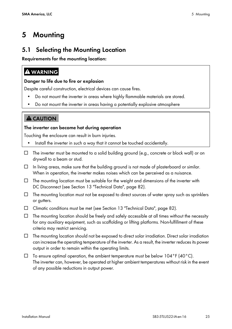 5 mounting, 1 selecting the mounting location | SMA SB 3000TL-US Installation User Manual | Page 25 / 96