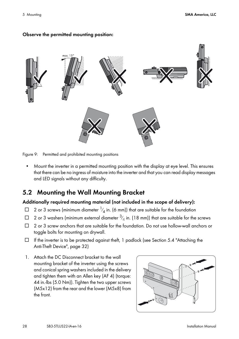 2 mounting the wall mounting bracket | SMA SB 3000TL-US Installation User Manual | Page 28 / 96