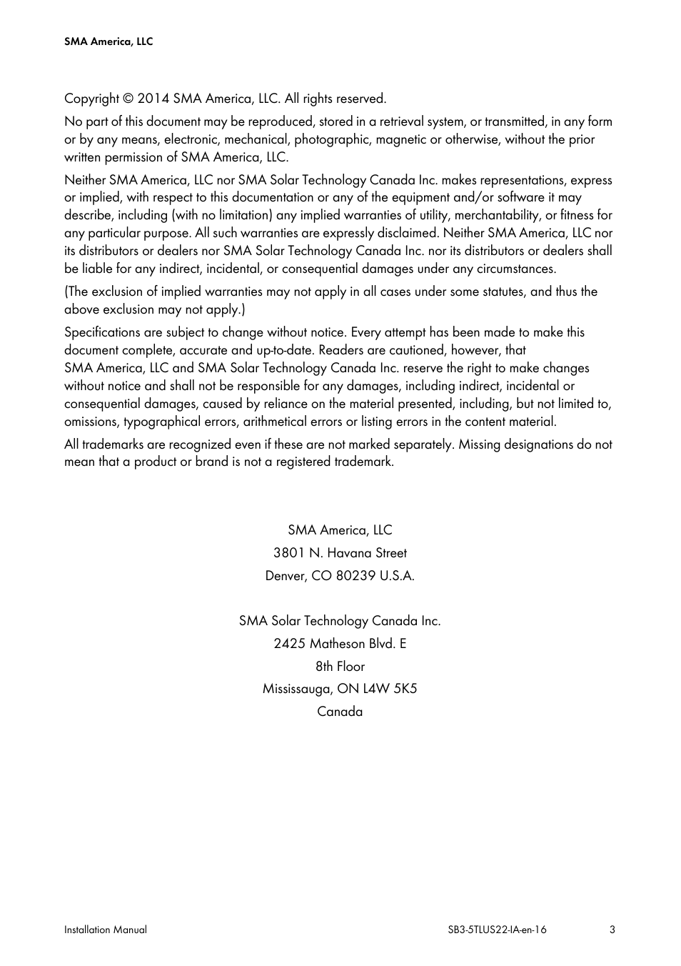 SMA SB 3000TL-US Installation User Manual | Page 3 / 96