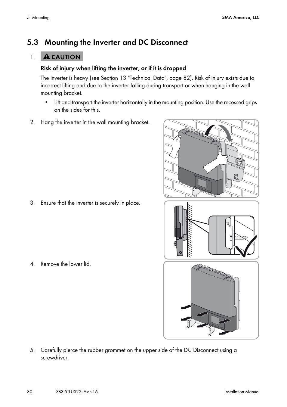 3 mounting the inverter and dc disconnect | SMA SB 3000TL-US Installation User Manual | Page 30 / 96