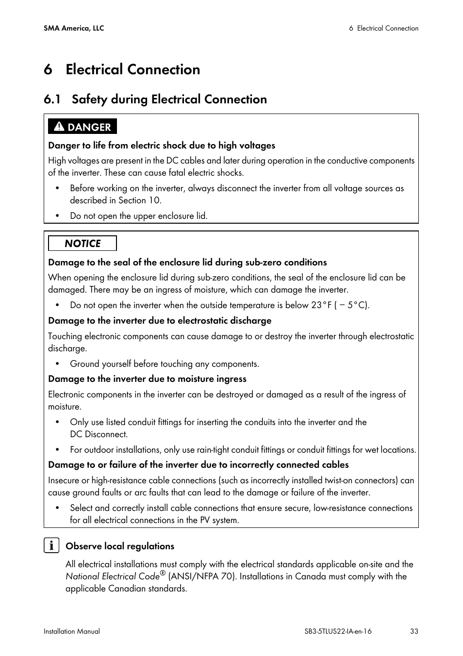 6 electrical connection, 1 safety during electrical connection | SMA SB 3000TL-US Installation User Manual | Page 33 / 96