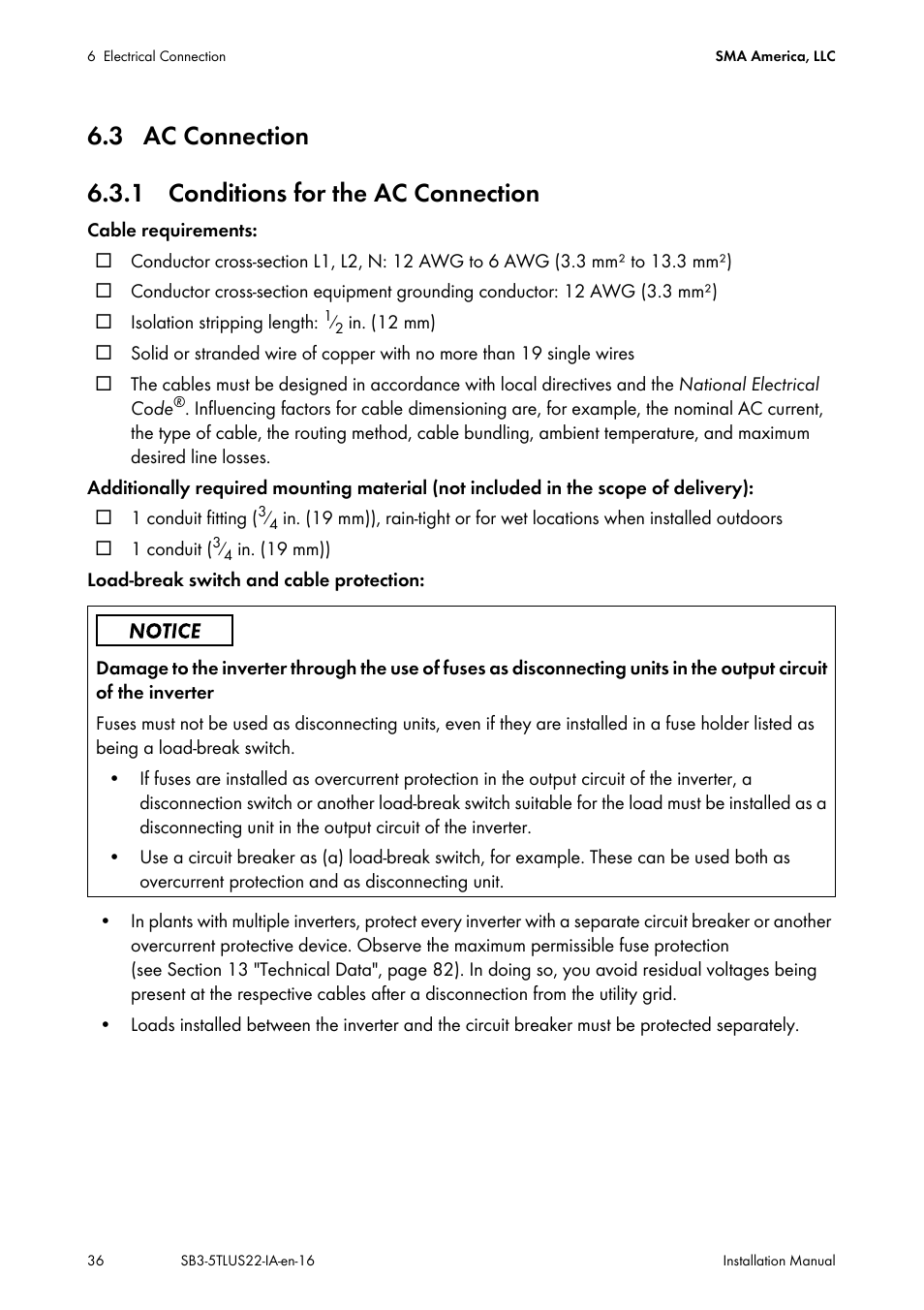3 ac connection, 1 conditions for the ac connection | SMA SB 3000TL-US Installation User Manual | Page 36 / 96