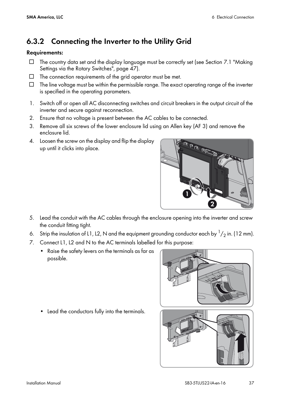 2 connecting the inverter to the utility grid | SMA SB 3000TL-US Installation User Manual | Page 37 / 96