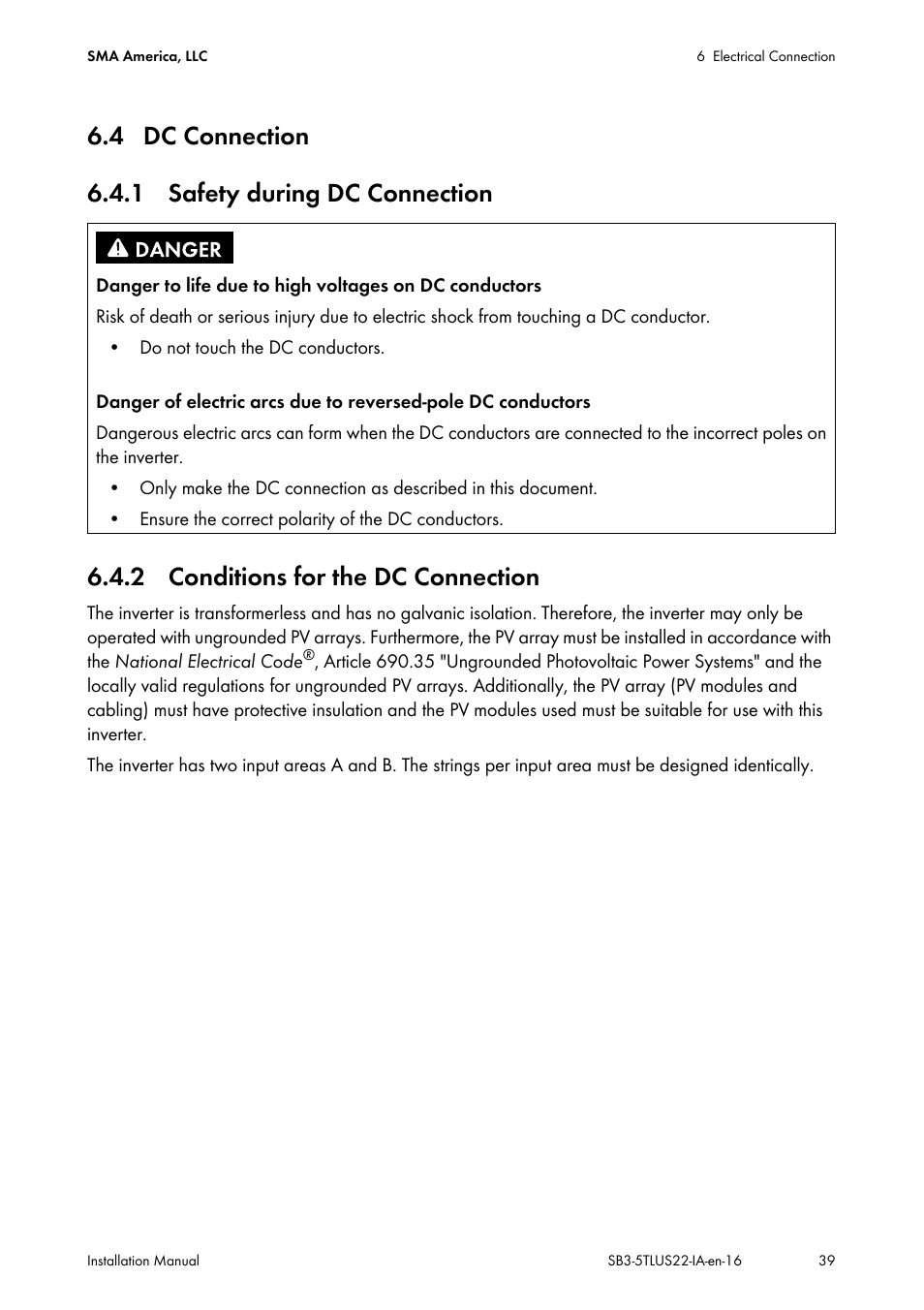 4 dc connection, 1 safety during dc connection, 2 conditions for the dc connection | SMA SB 3000TL-US Installation User Manual | Page 39 / 96