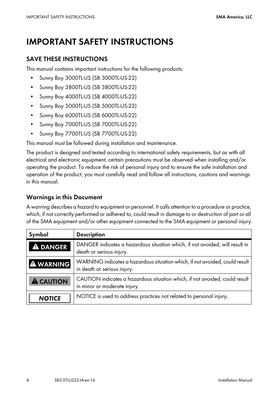 Important safety instructions | SMA SB 3000TL-US Installation User Manual | Page 4 / 96