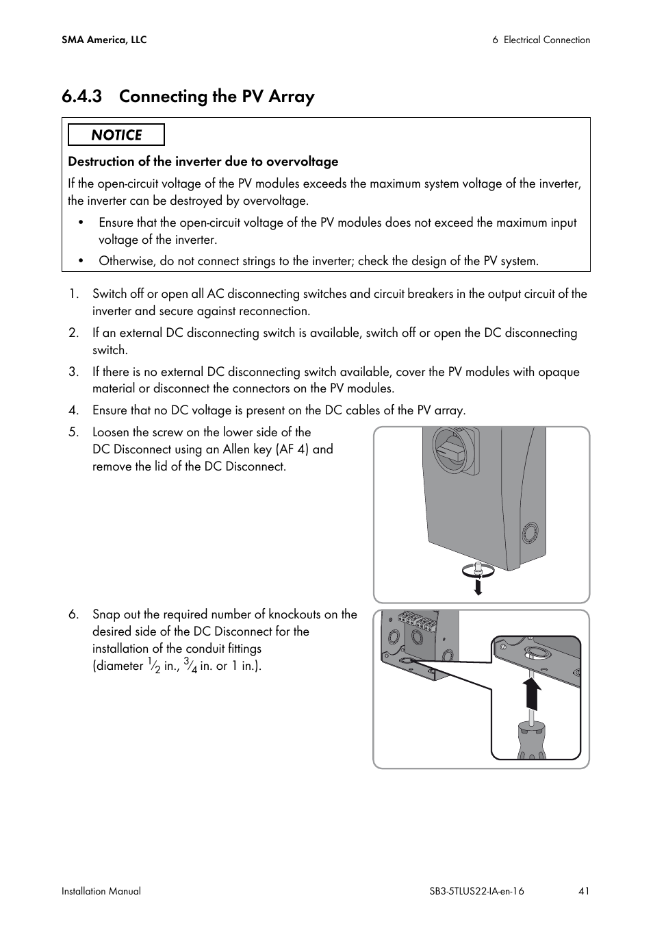 3 connecting the pv array | SMA SB 3000TL-US Installation User Manual | Page 41 / 96