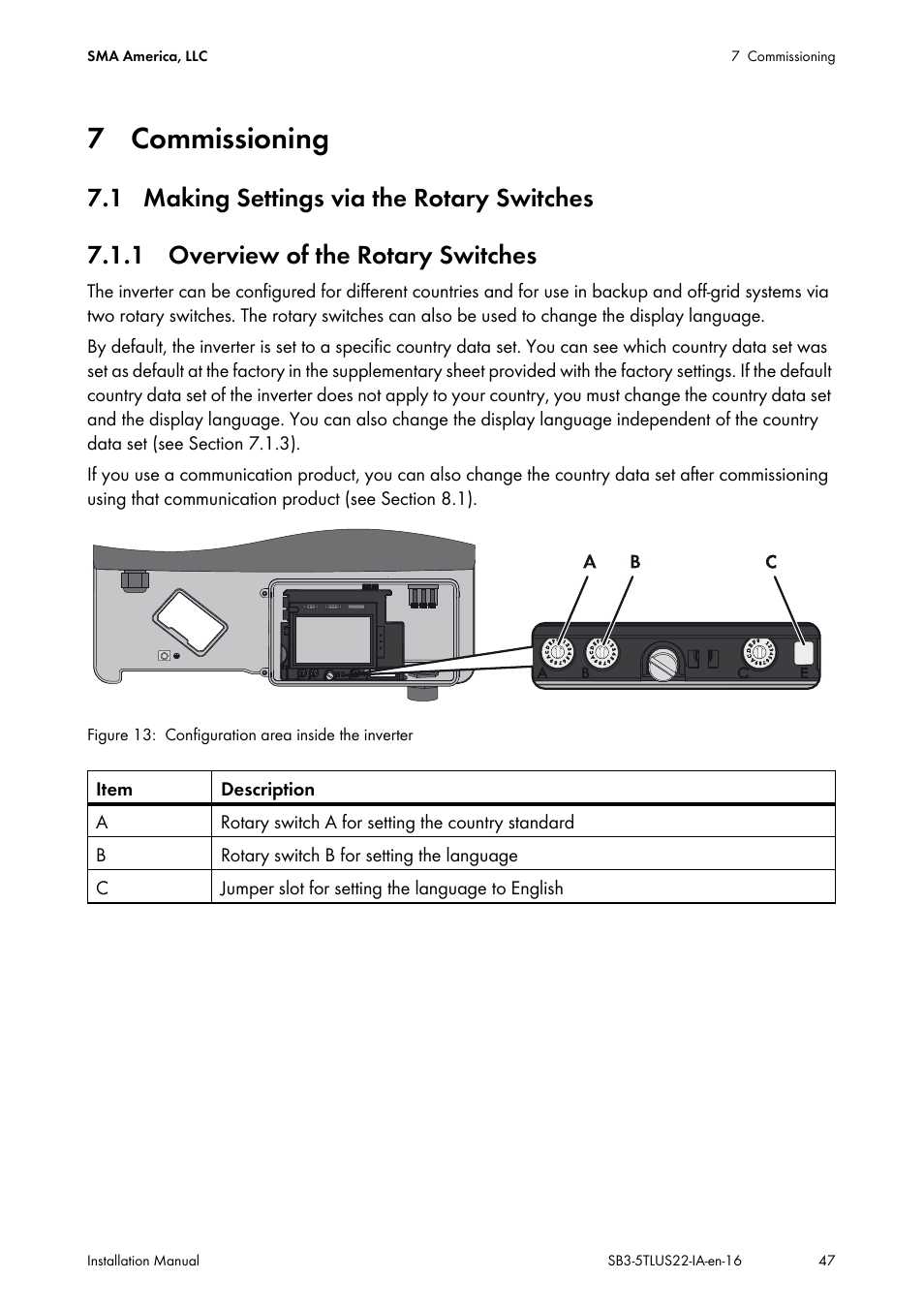 7 commissioning, 1 making settings via the rotary switches, 1 overview of the rotary switches | SMA SB 3000TL-US Installation User Manual | Page 47 / 96